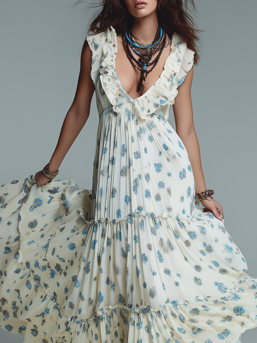 Bohemian Floral Print Pleated Maxi Dress With Ruffles