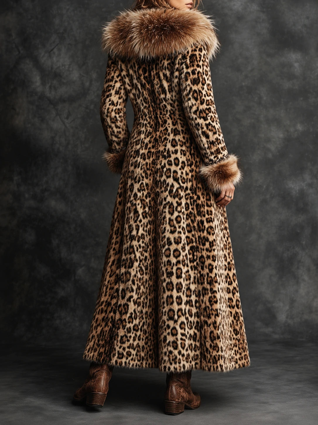 Vintage Boho Leopard  Faux Fur Longline Coat