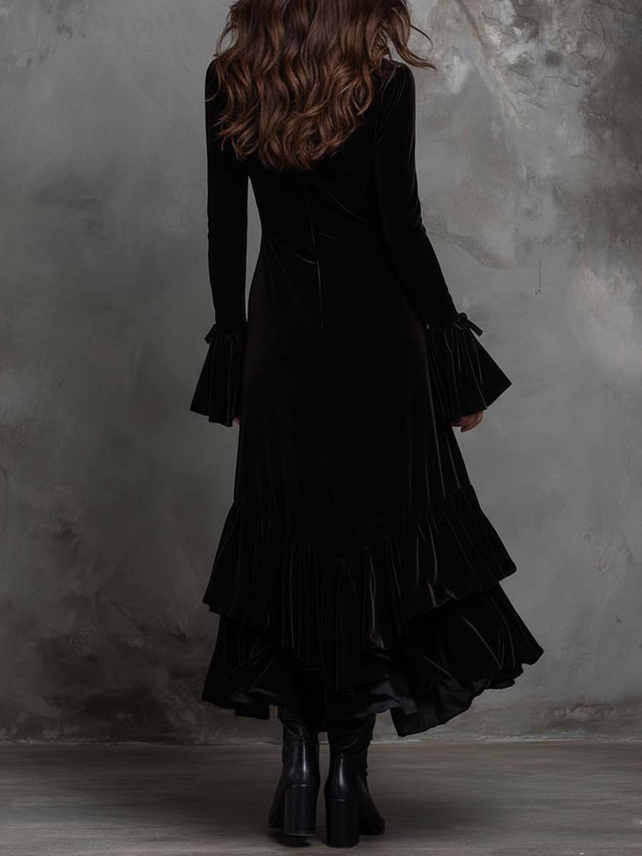 Black Velvet High-Neck Asymmetric Maxi Dress