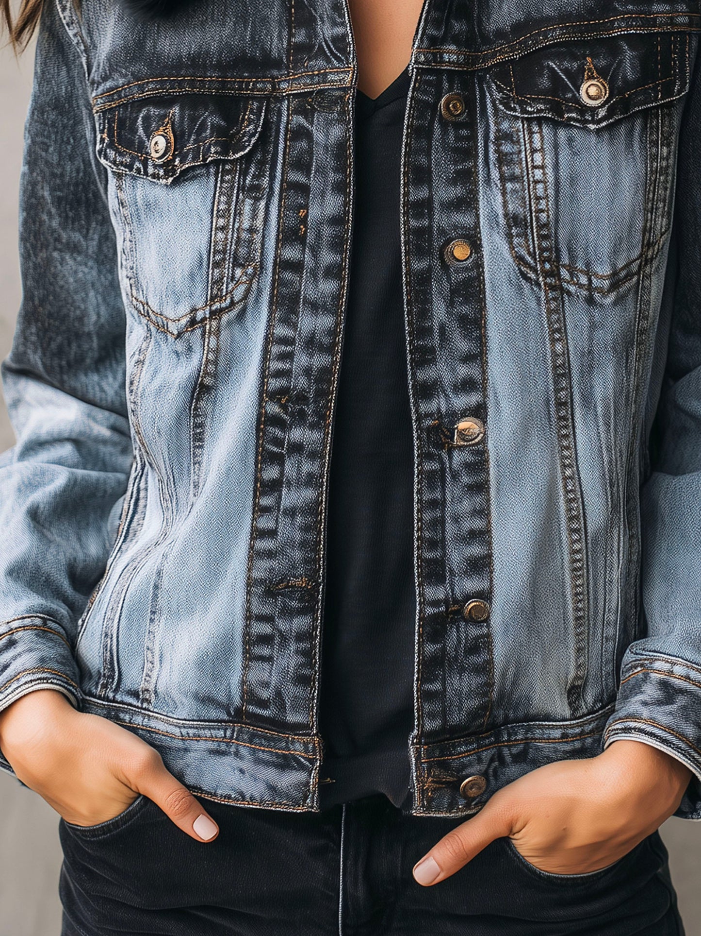 Black Eco Fur Collar Washed Blue Denim Jacket