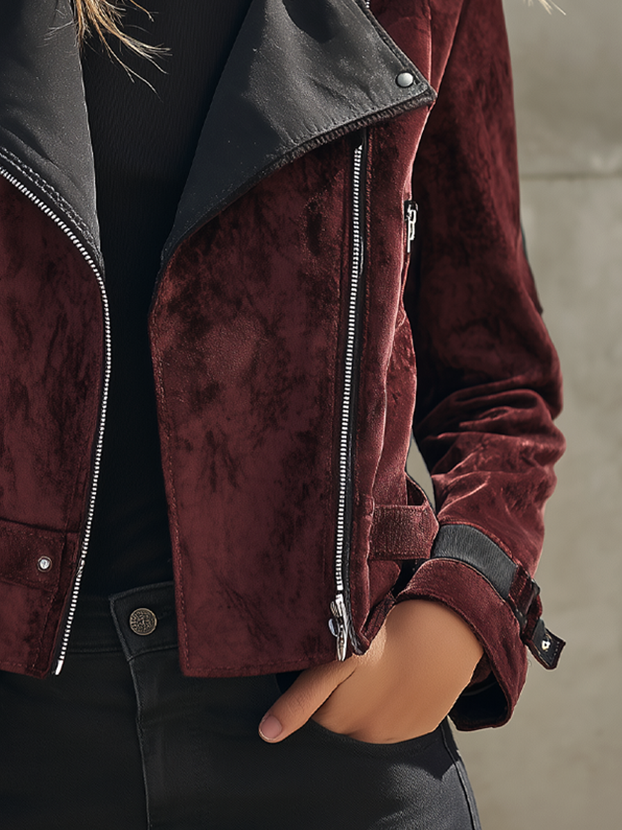 Retro Contrasting Eco-Leather And Velvet Moto Jacket