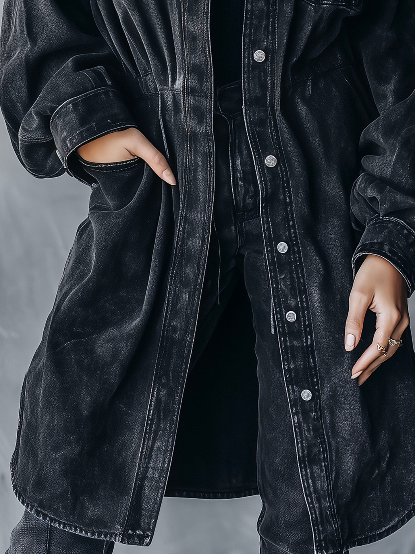 Classic Black Washed Denim Longline Utility Shirt Jacket