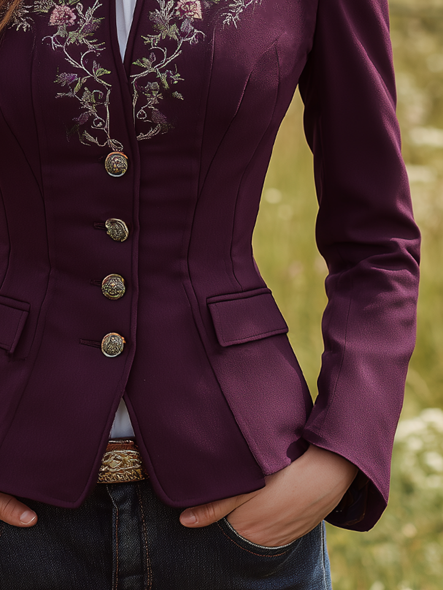 Vintage Stand Collar Embroidered Button Jacket