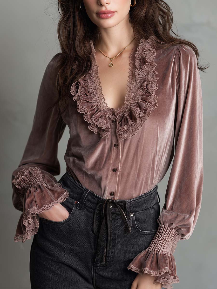 Dusty Rose Velvet Ruffle Blouse With Lace Trim BCSHARED Dusty Rose Velvet Ruffle Blouse With Lace Trim BCSHARED