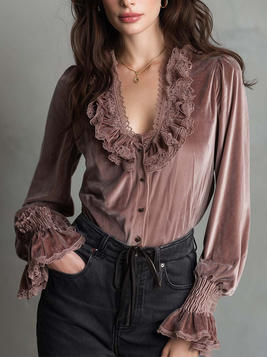 Dusty Rose Velvet Ruffle Blouse With Lace Trim