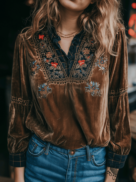 Bohe Brown V-Neck Velvet With Floral Embroidery And Lace Blouse