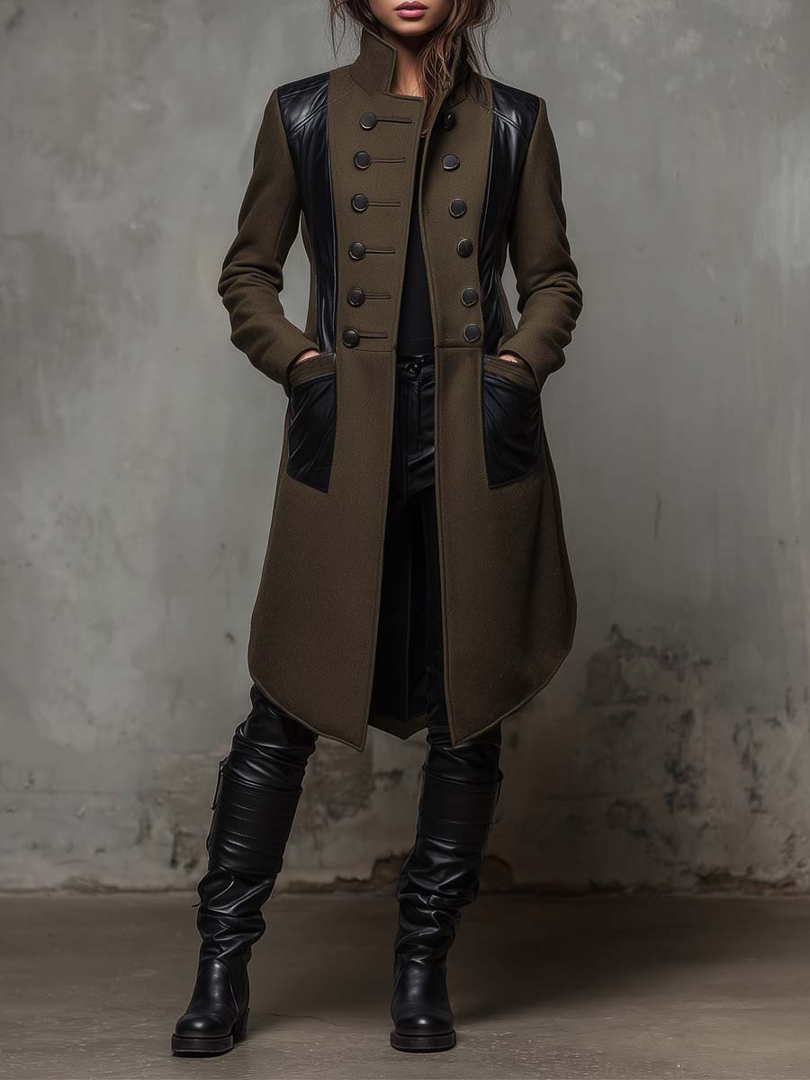 Military Green Long Coat With Black Contrast Panels