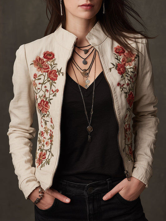 Retro Stand Collar Floral Embroidered Front Zipper Cropped Jacket