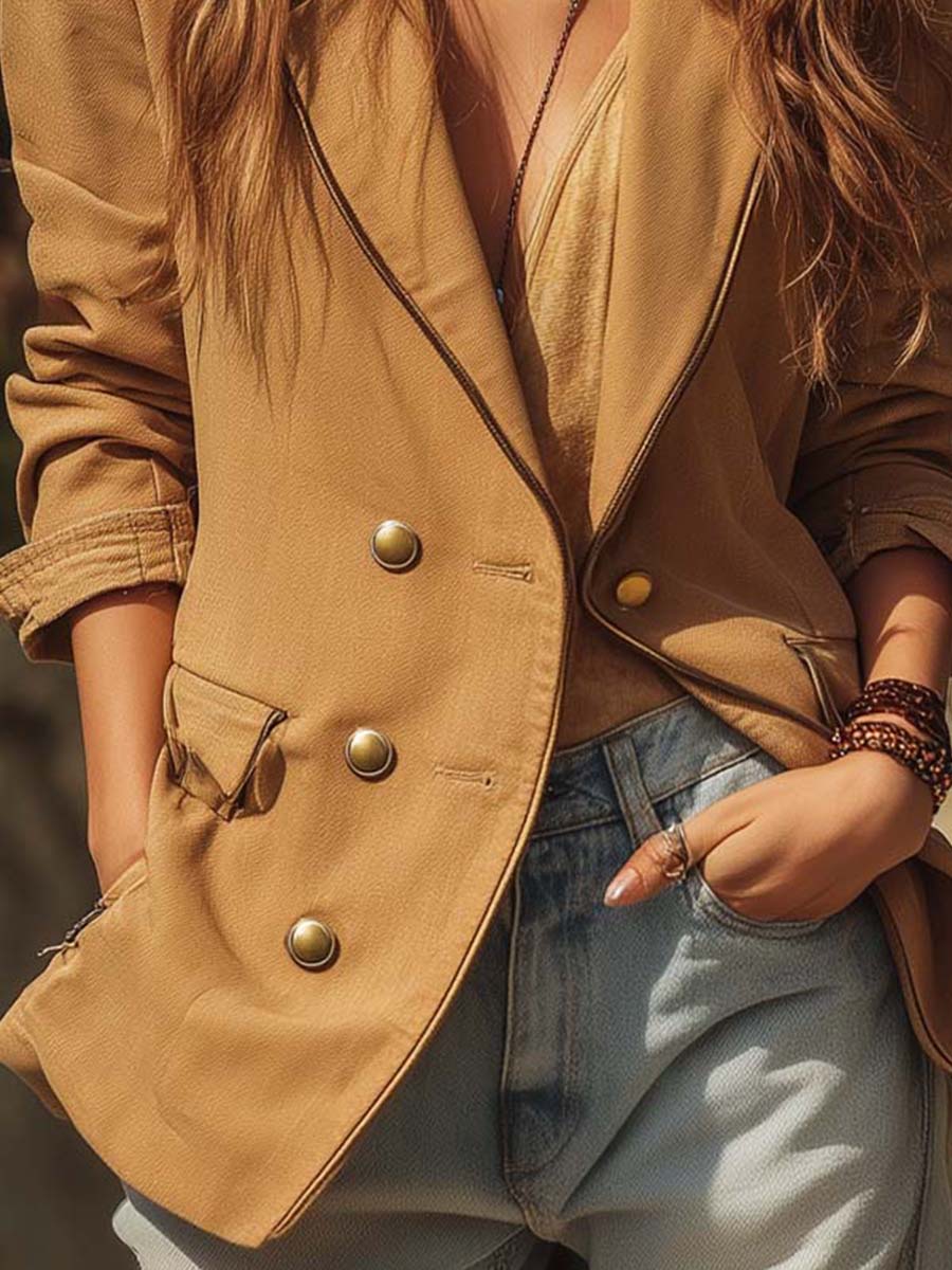 Camel Double-Breasted Utility Piping Blazer