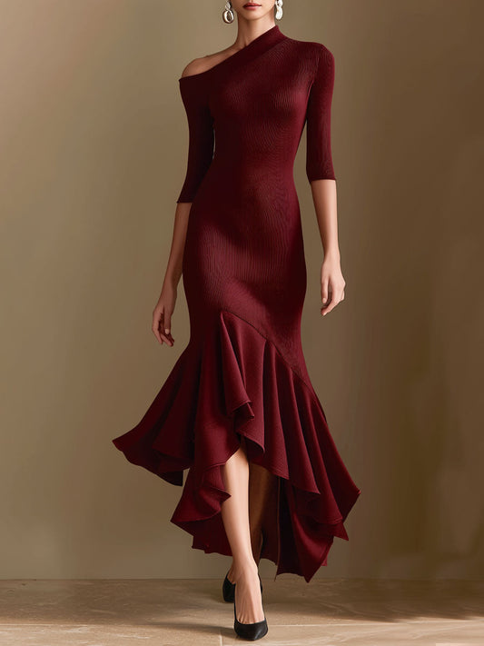 Elegant Burgundy Ribbed Knit One-Shoulder Asymmetric Ruffle Hem Dress
