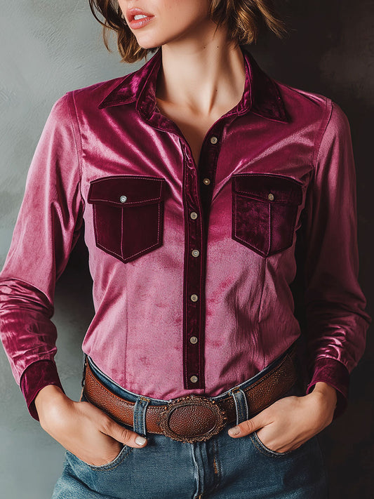 Vintage Rose Pink Velvet Western Long Sleeve Button-Down Shirt