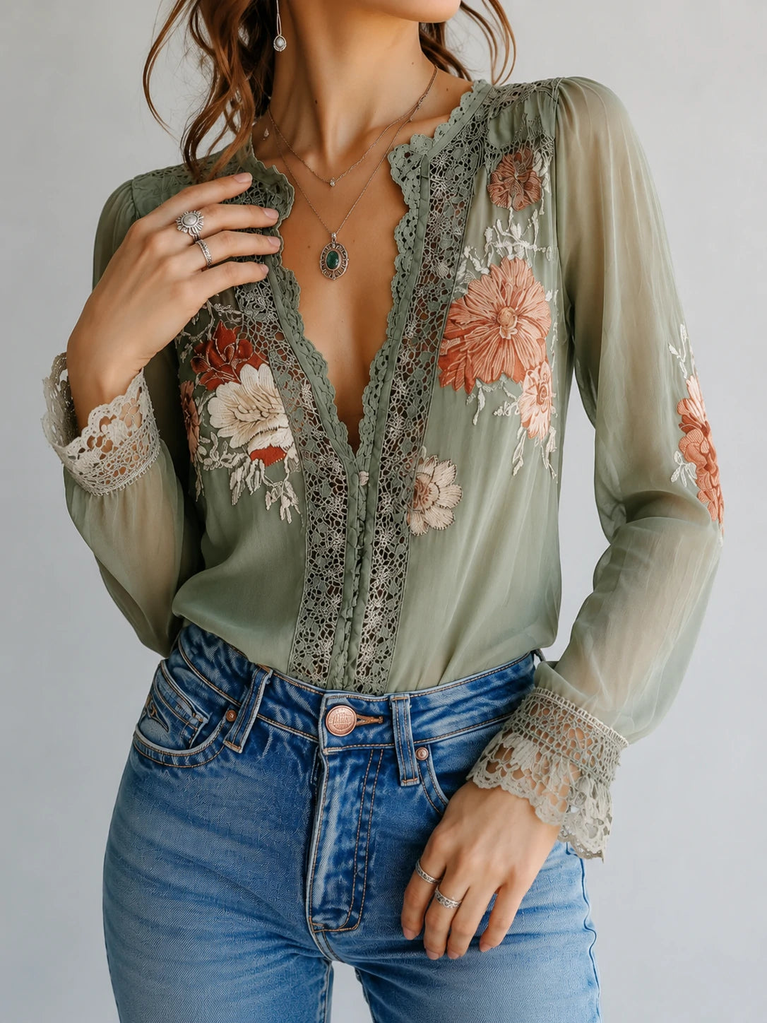 Bohemian Floral Printed Lace Blouse