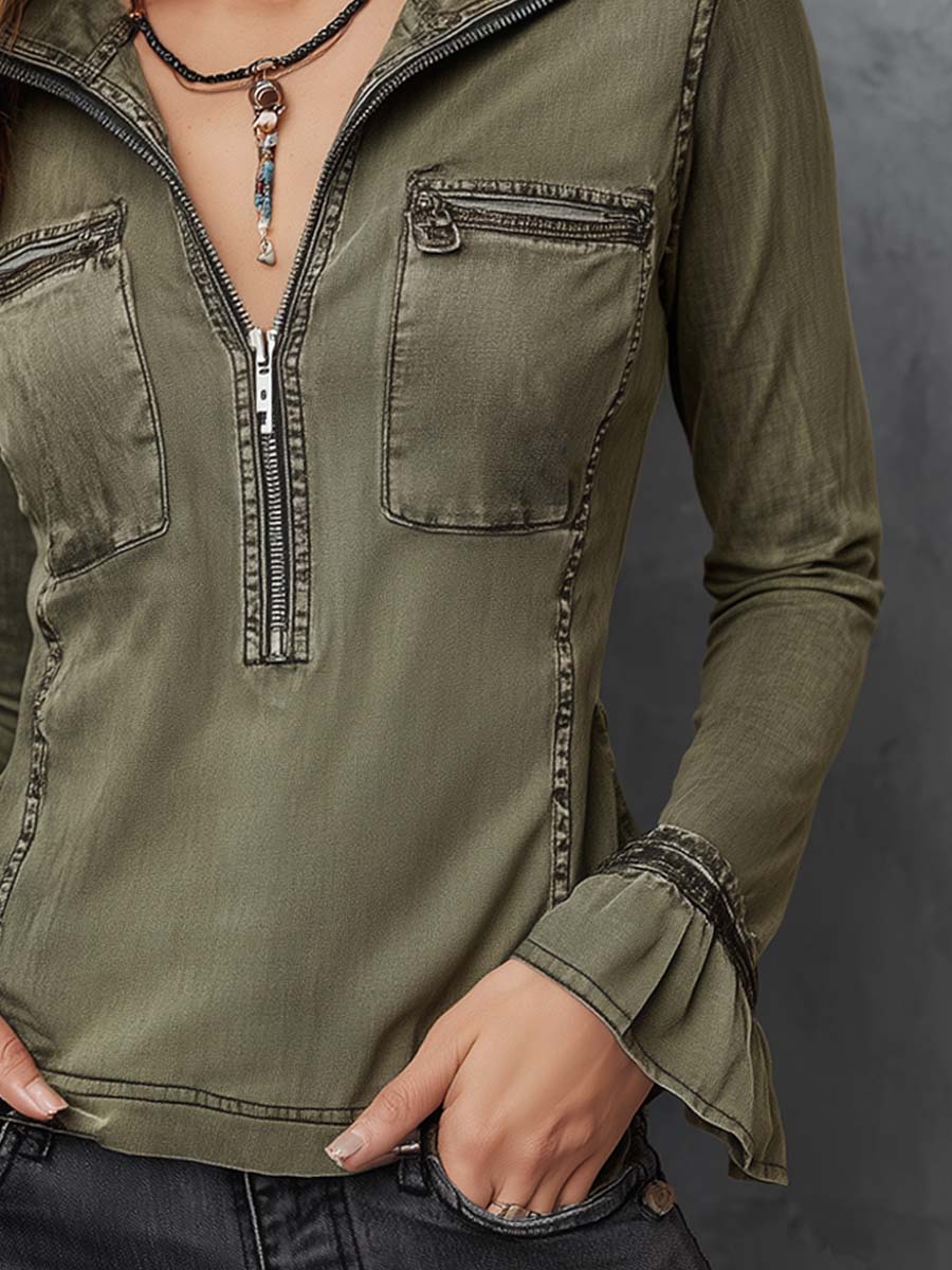 Vintage Washed Zip-up Collar Ruffle Cuffs Denim Blouse