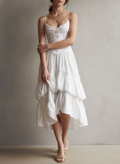 Retro Boho White Corset Tiered Midi Dress With Lace-Trim