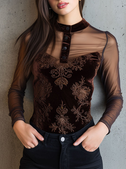 Embroidered Baroque Chocolate Velvet Top With Sheer Mesh Sleeves