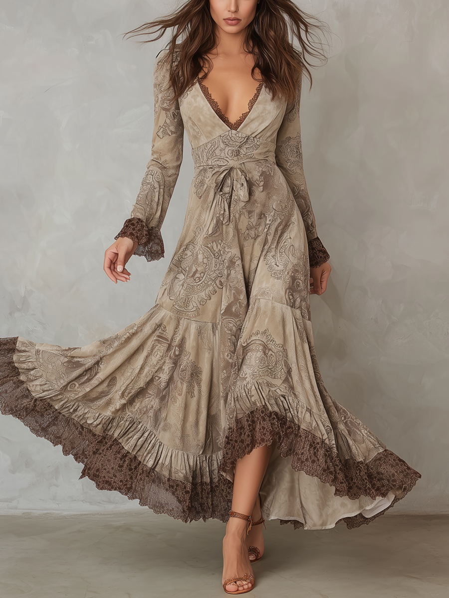 Vintage Paisley Lace Trim Polyester Suede Midi Dress