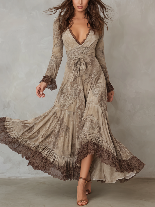 Vintage Paisley Lace Trim Polyester Suede Midi Dress