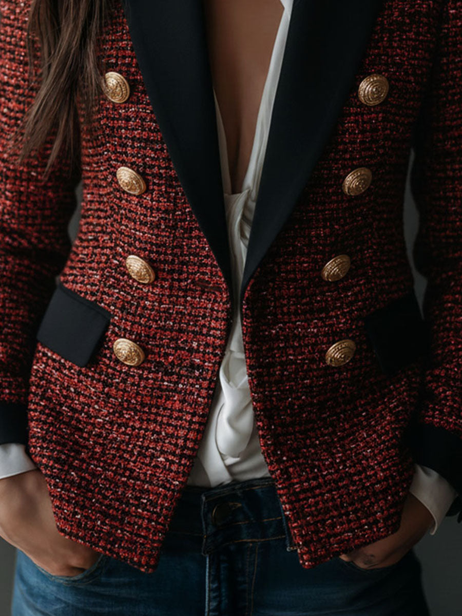 Retro Black Lapel Rust Tweed Double-Breasted Blazer