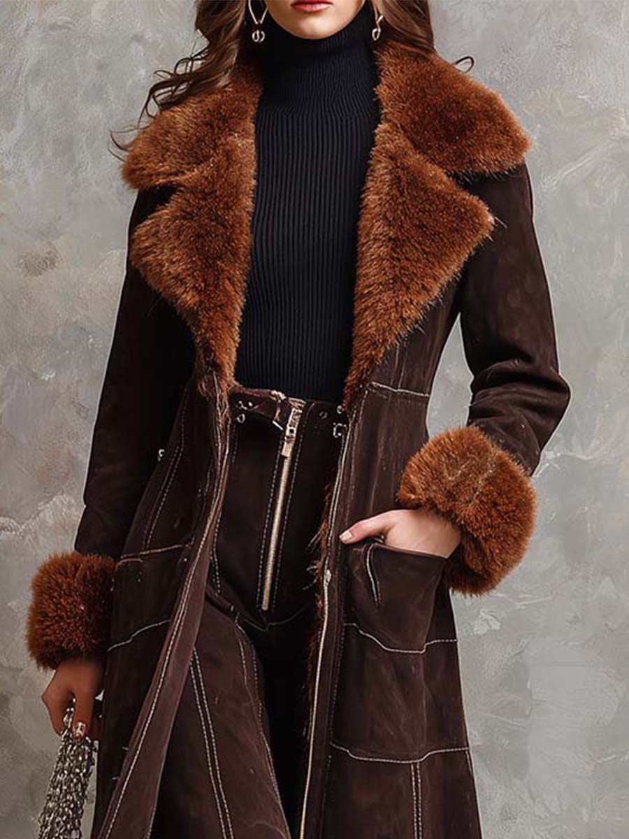 Chocolate Brown Faux Suede Long Coat With Fur Trim – Toscana Winter Luxury