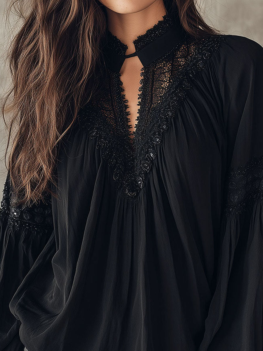 Black Lace Blouse – Vintage Boho Long-Sleeve Top With V-Neck And Puff Sleeves