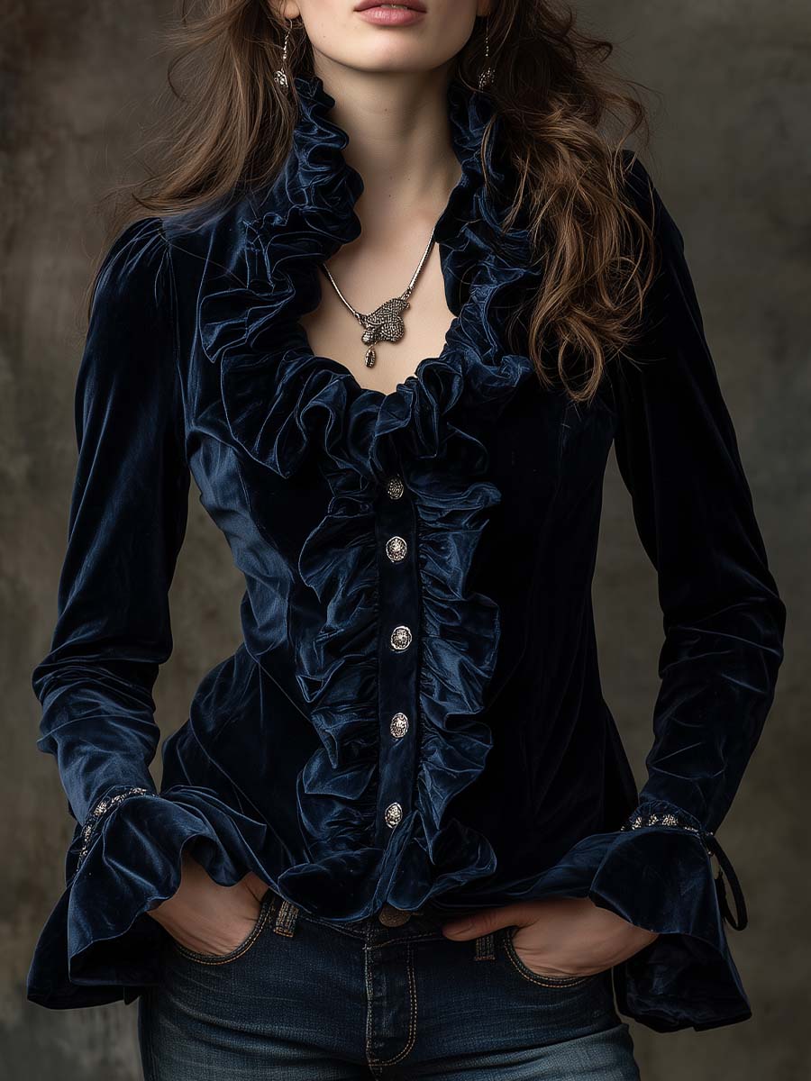 Midnight Blue Ruffled Velvet Shirt With Crystal Buttons