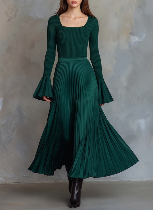 Elegant Ribbed Knit Pleated Midi Dress with Bell Sleeves