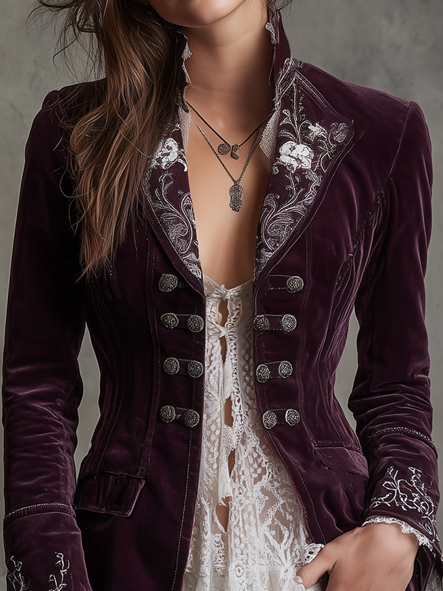 Vintage Velvet Embroidered Metal Buckle Embellished Jacket
