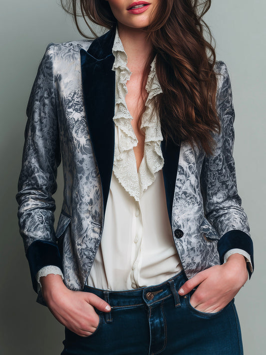 Elegant Silver And Midnight Blue Print Velvet Blazer