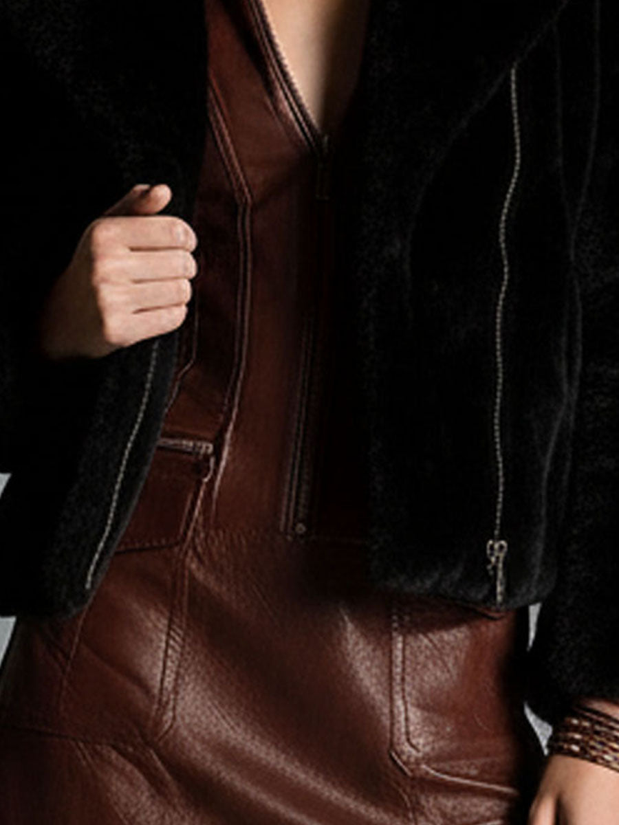 Classic Lapel Black Eco Fur Zipper Short Jacket With Soft Lining