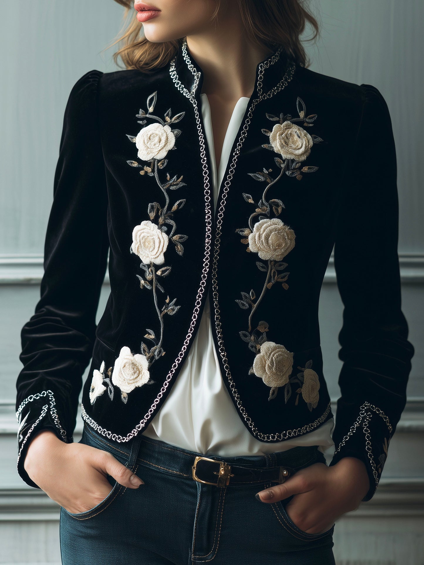 Elegant Black Velvet White Floral Embroidered Blazer