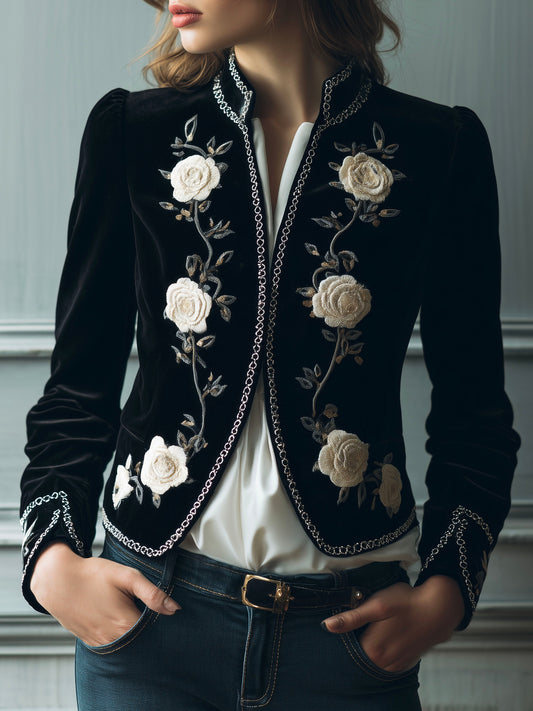 Elegant Black Velvet White Floral Embroidered Blazer