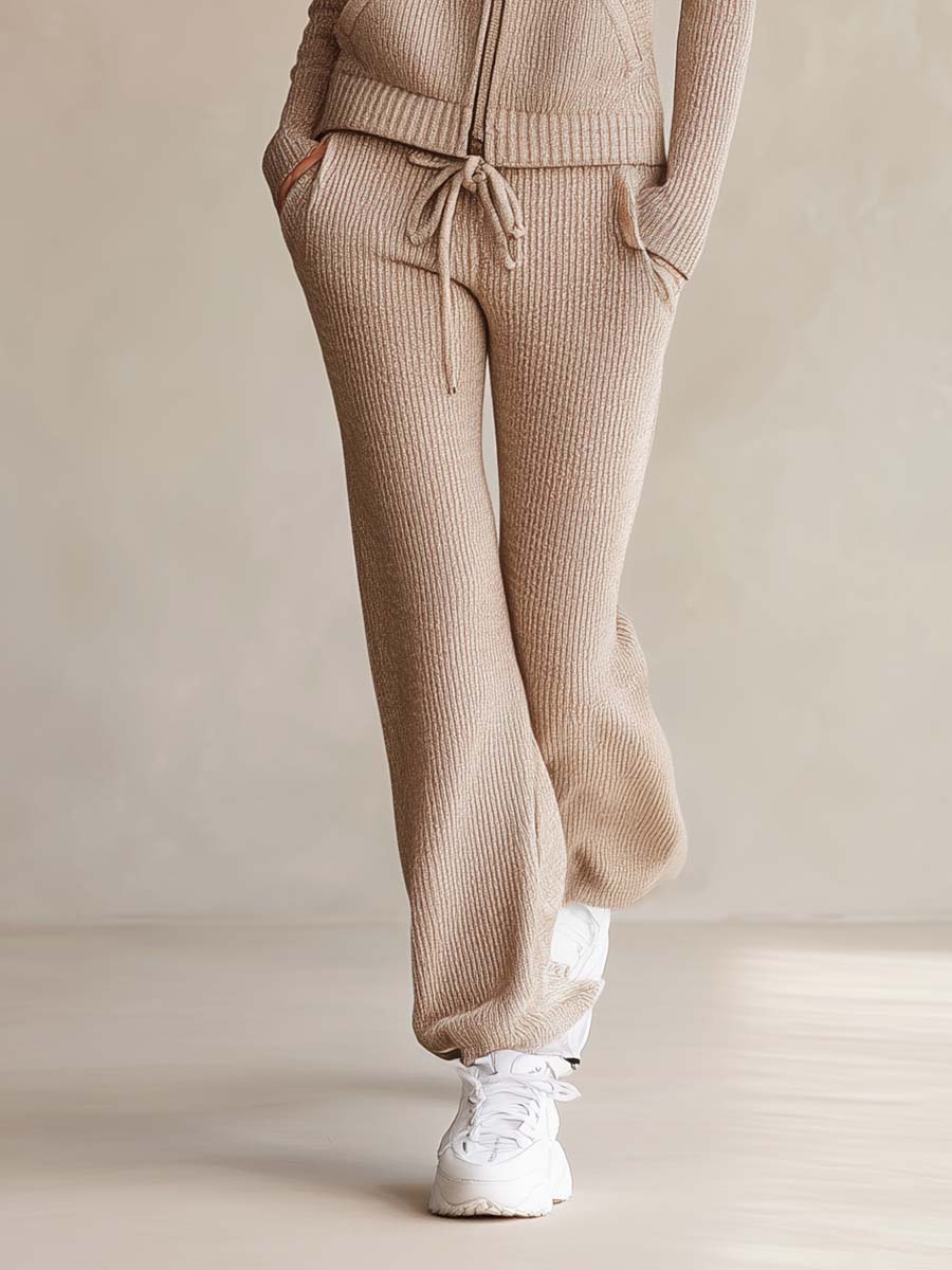 Beige Ribbed Knit Zip-Up Lounge Set