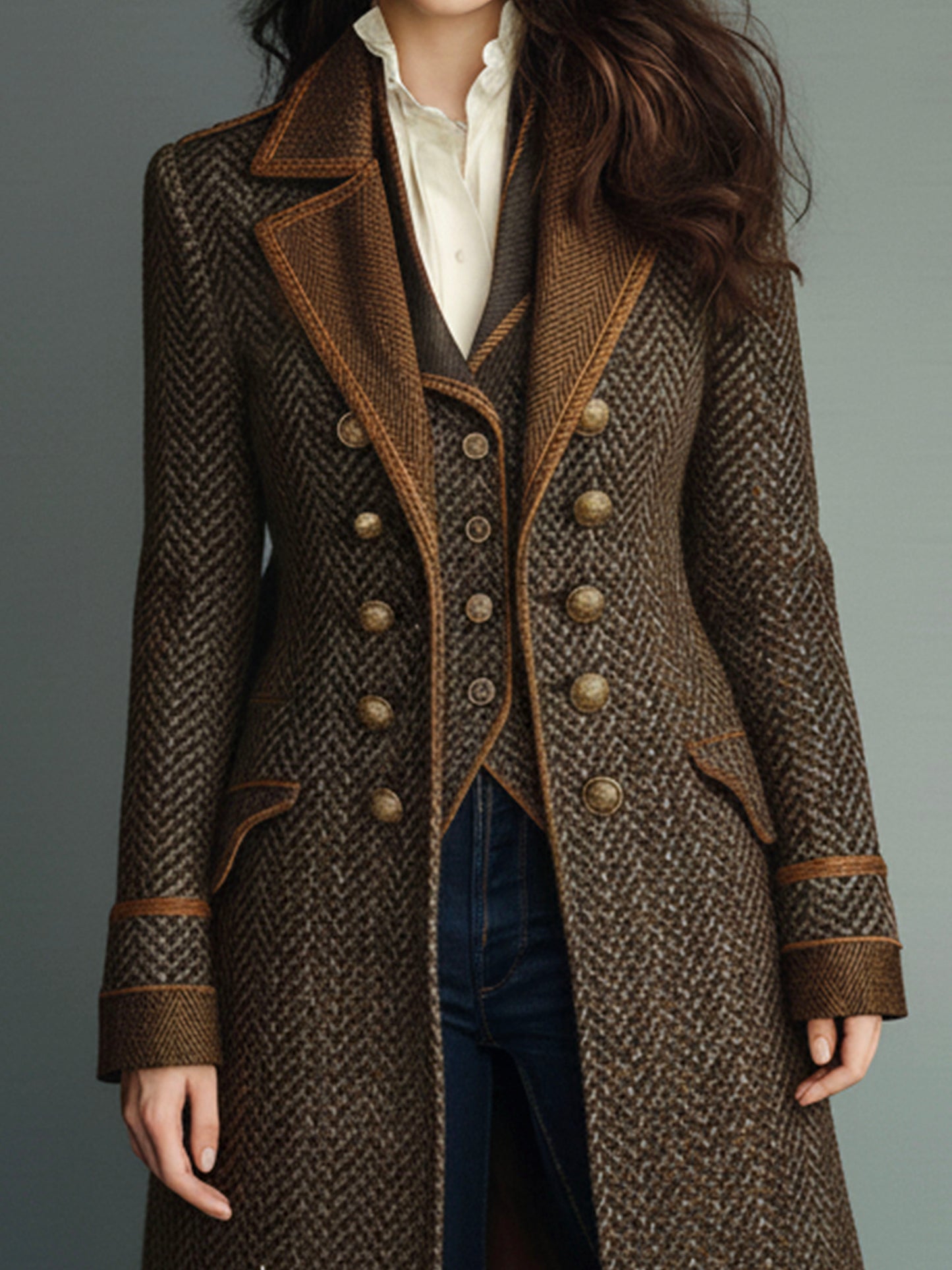 Retro Double-Breasted Herringbone Wool Long Coat