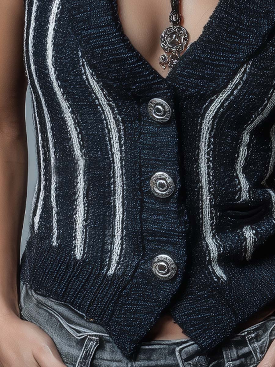 Bohemian Style Navy Blue Contrast Striped Knitted Slim Vest