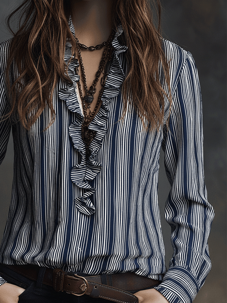 Vintage-Boho Striped Ruffle Trim Vintage Collar Blouse