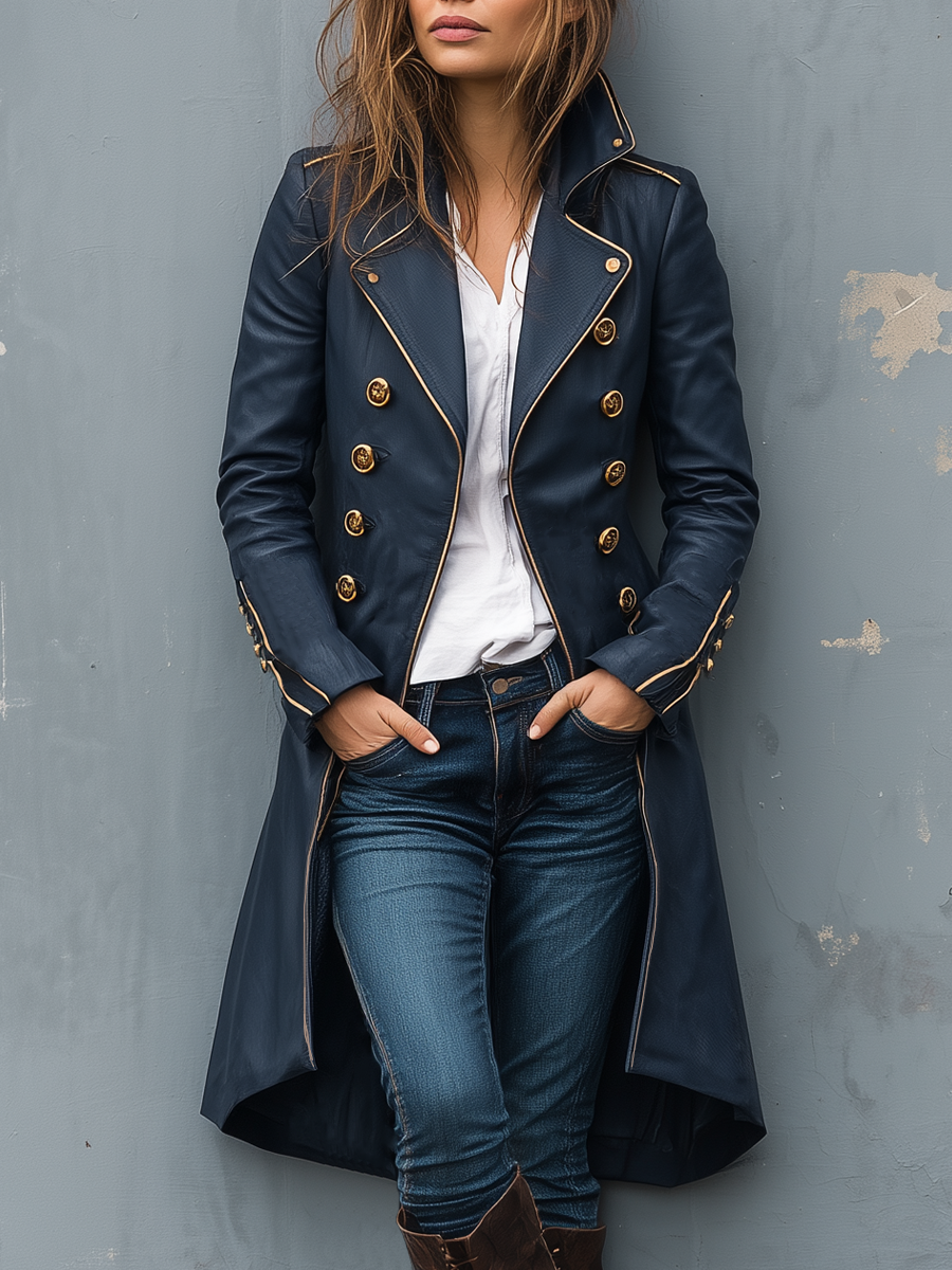 Retro Military Style Double-breasted Faux Leather Coat