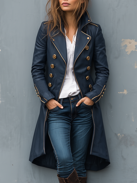 Retro Military Style Double-breasted Faux Leather Coat