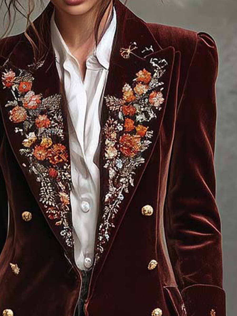 Wine Velvet Embroidered Long Coat With Gold Buttons