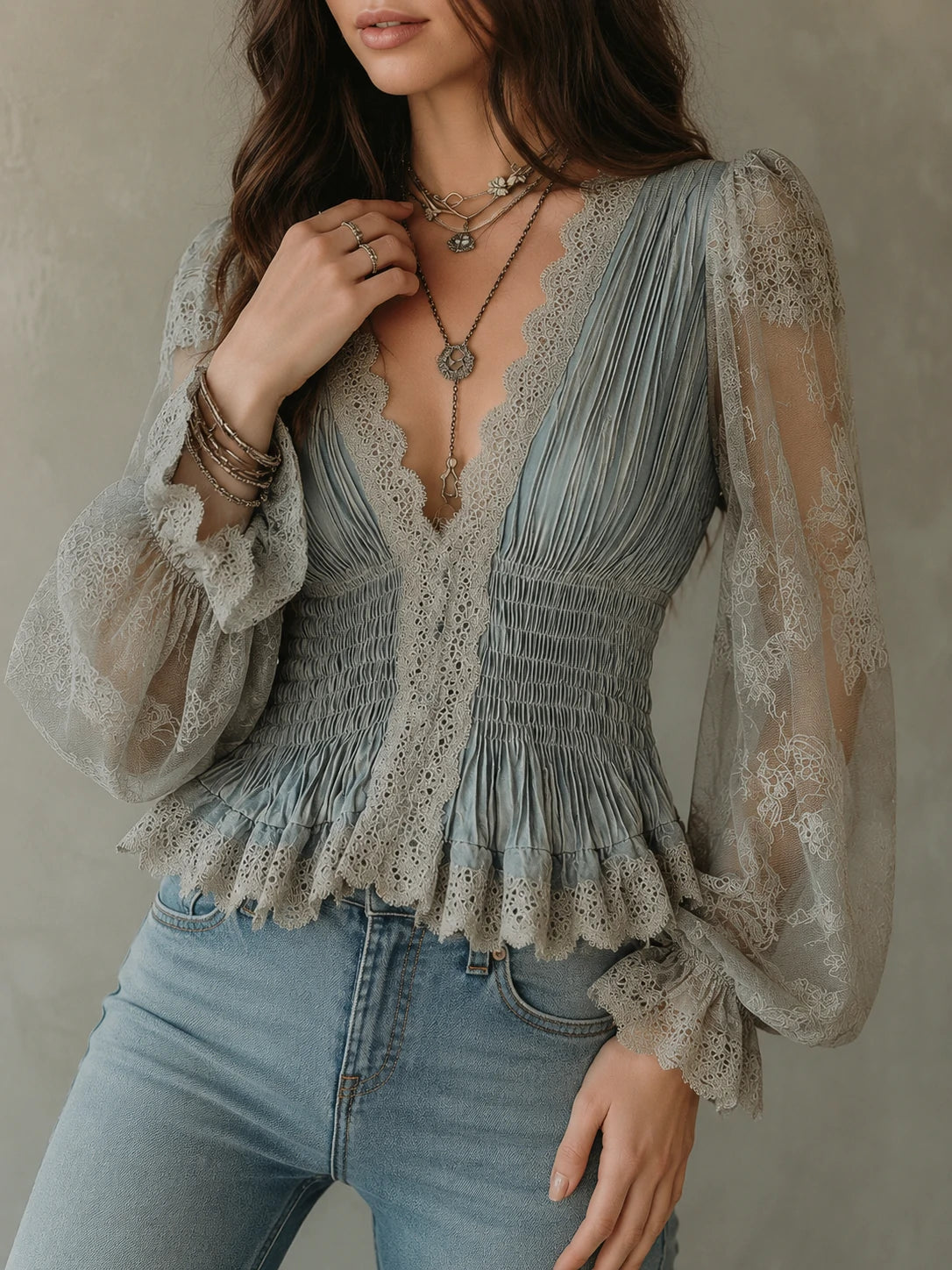 Vintage Bohemian Dusty Blue Lace Peplum Blouse