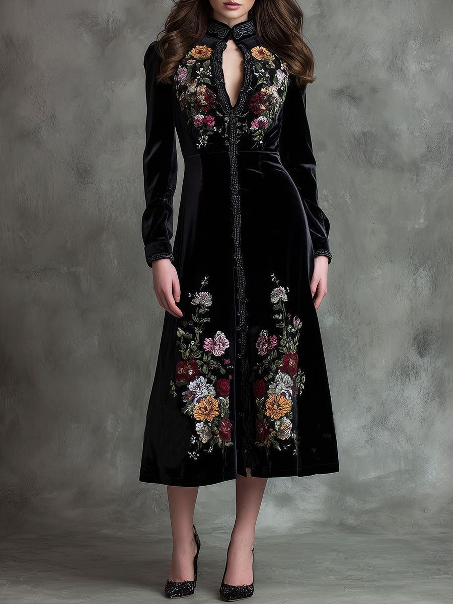 Vintage Floral Embroidered Velvet A-Line Midi Dress With High Collar
