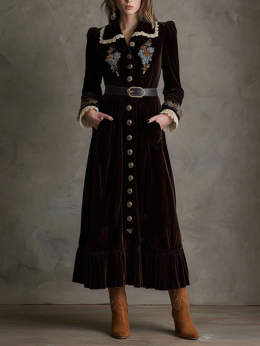 Elegant Lace Velvet Embroidered Ruffle Hem Midi Dress With Belt