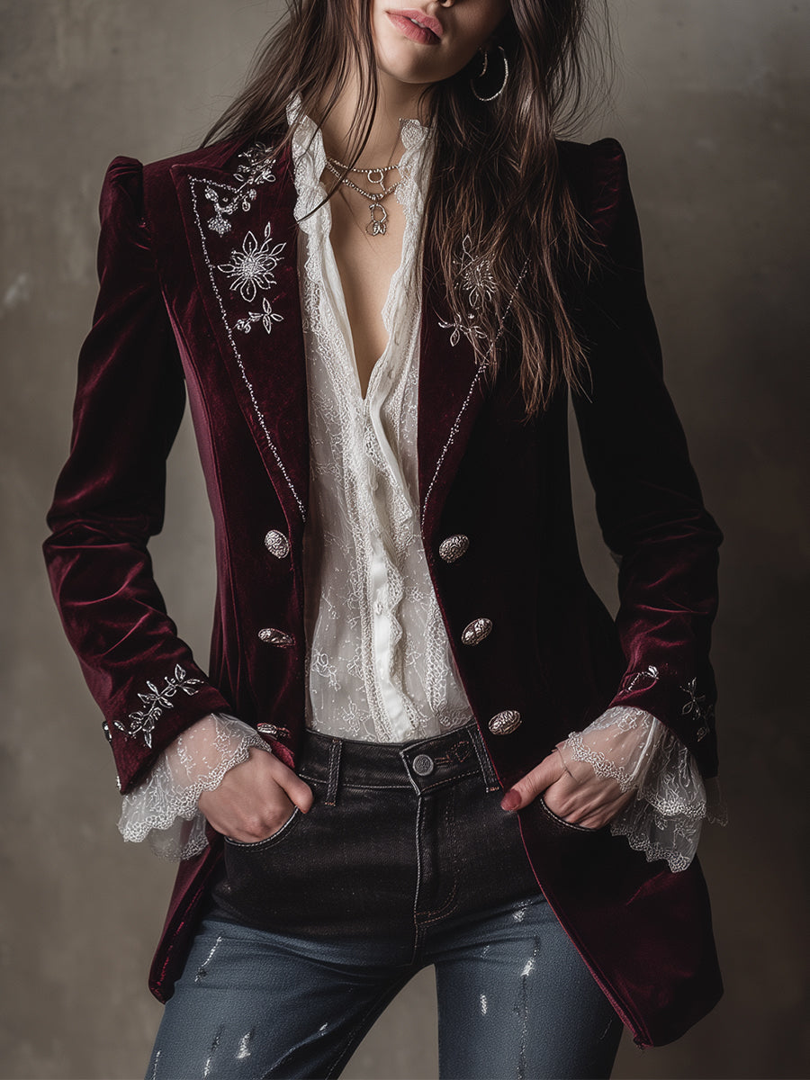 Elegant Puff Sleeve Embroidered Velveteen Jacket