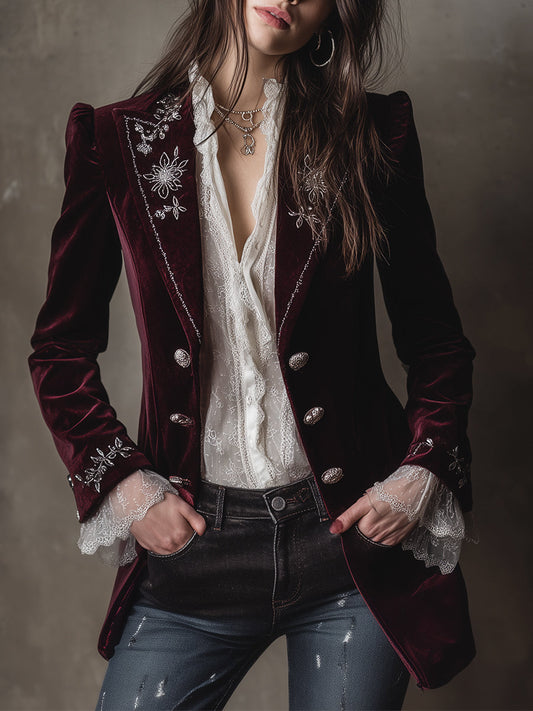 Elegant Puff Sleeve Embroidered Velveteen Jacket