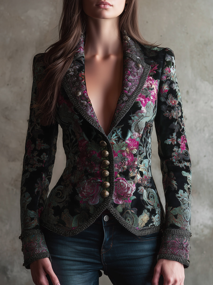 Quietly Luxurious Retro Floral Webbing Decorated Slim Jacket