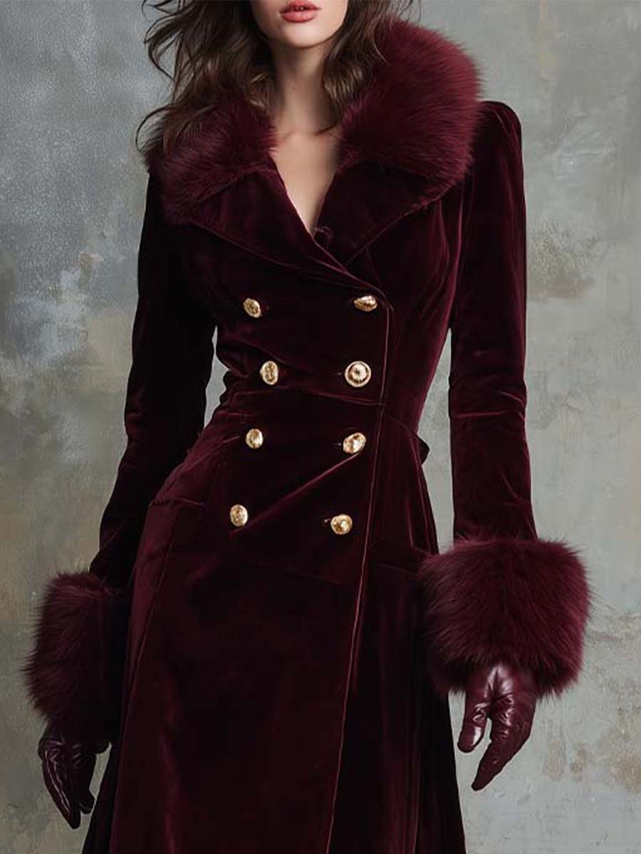Velvet Long Coat With Faux Fur Collar & Cuffs – Burgundy Wine