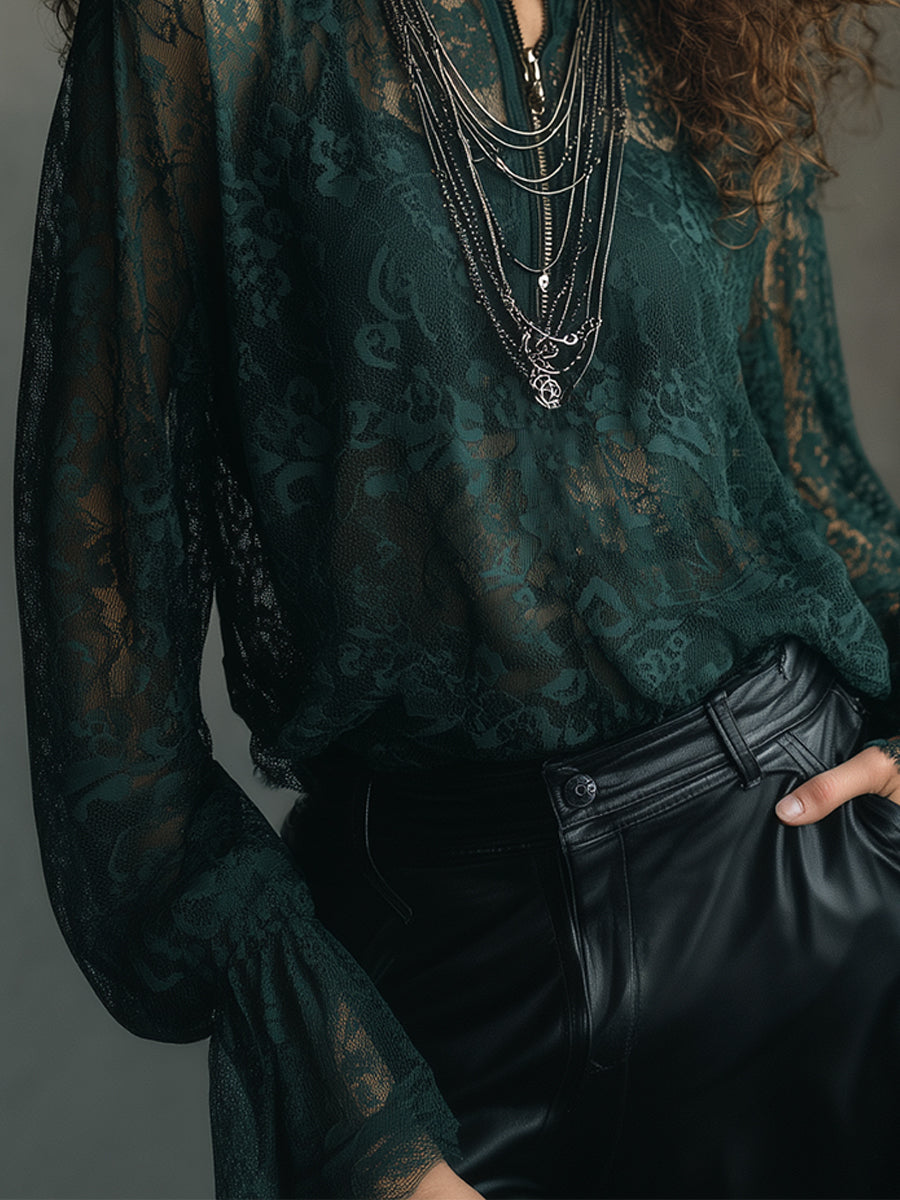 Bohemian Lace Bell Cuffs Front Zip Loose Blouse