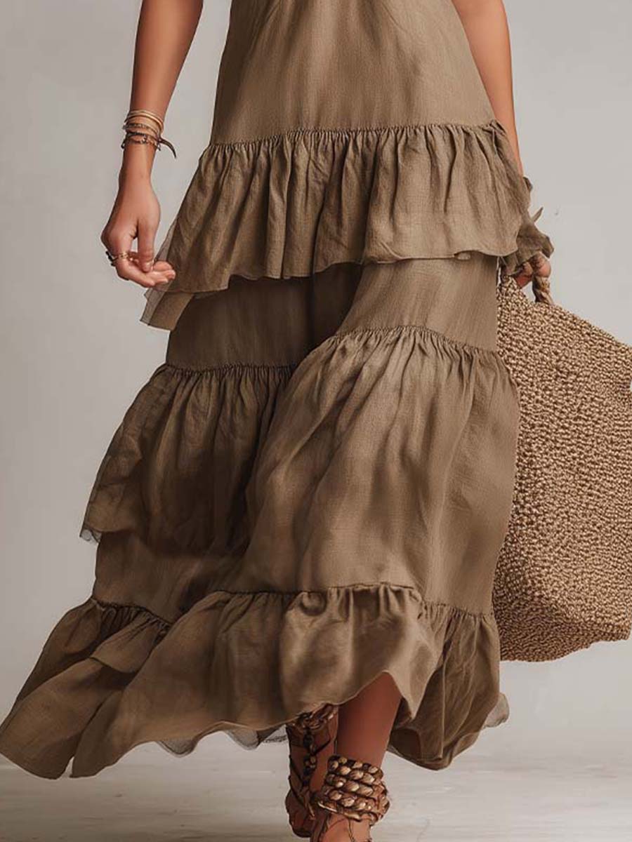 Vintage Cotton Linen Bohemian Layered Slip Maxi Dress