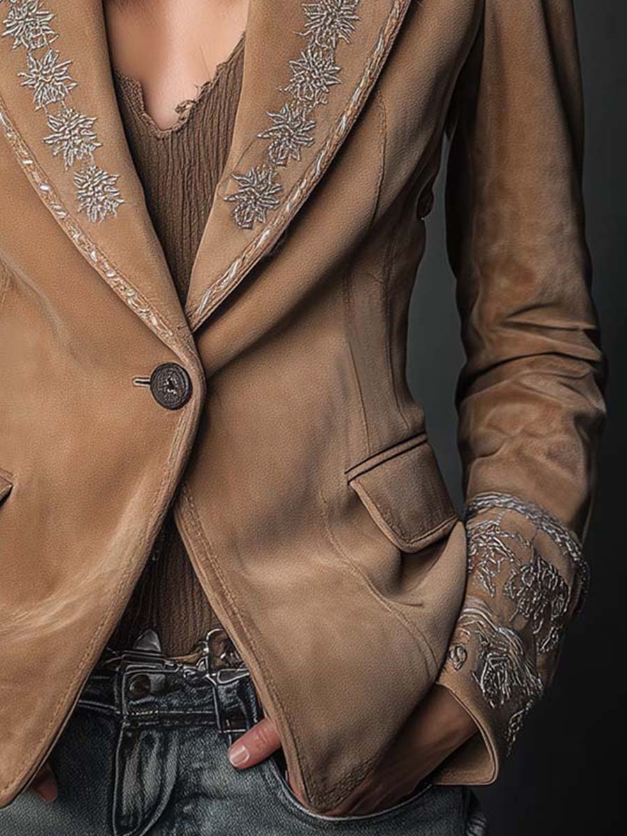 Camel Suede Embroidered Blazer