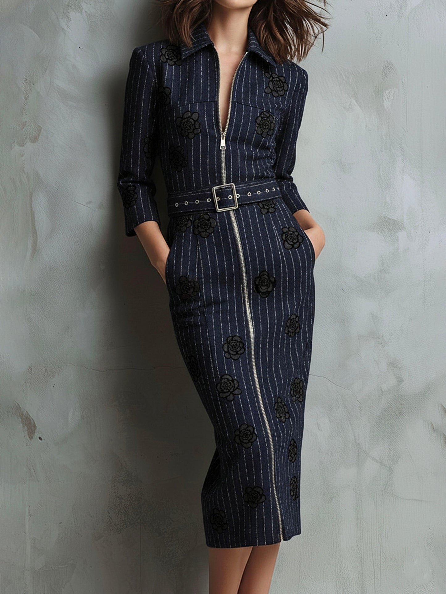 Navy Herringbone White Pinstripe Belted Midi Dress With Black Rose Flocked