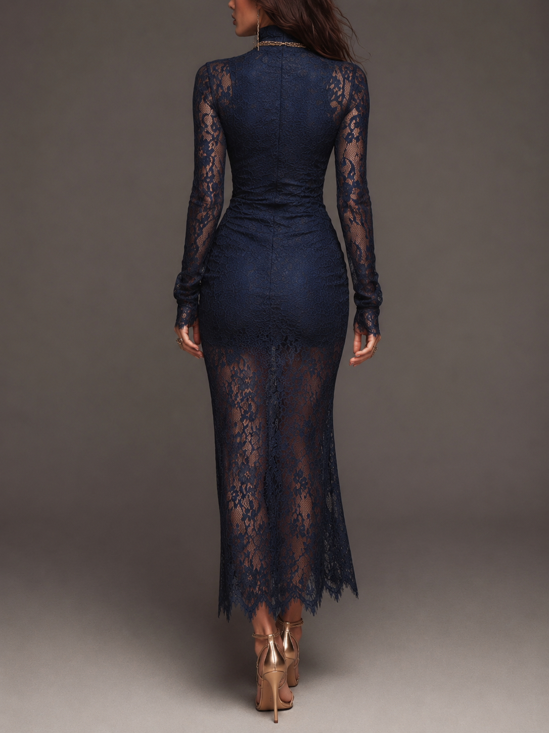 Romantic Bohemian High Neck Long Sleeve Ruched Side High Slit Scalloped Floral Lace Midi Bodycon Dress
